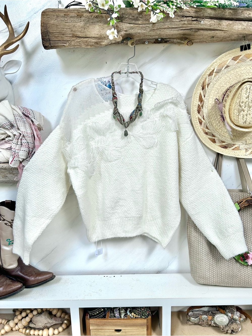 Cream Floral-Texture Crewneck Sweater - Women's Cozy Pullover
